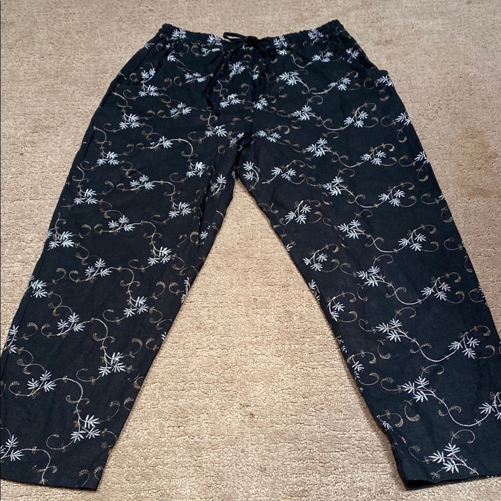 Linen Black with Gold & White Print Joggers with Elastic Waist - Medium Summer